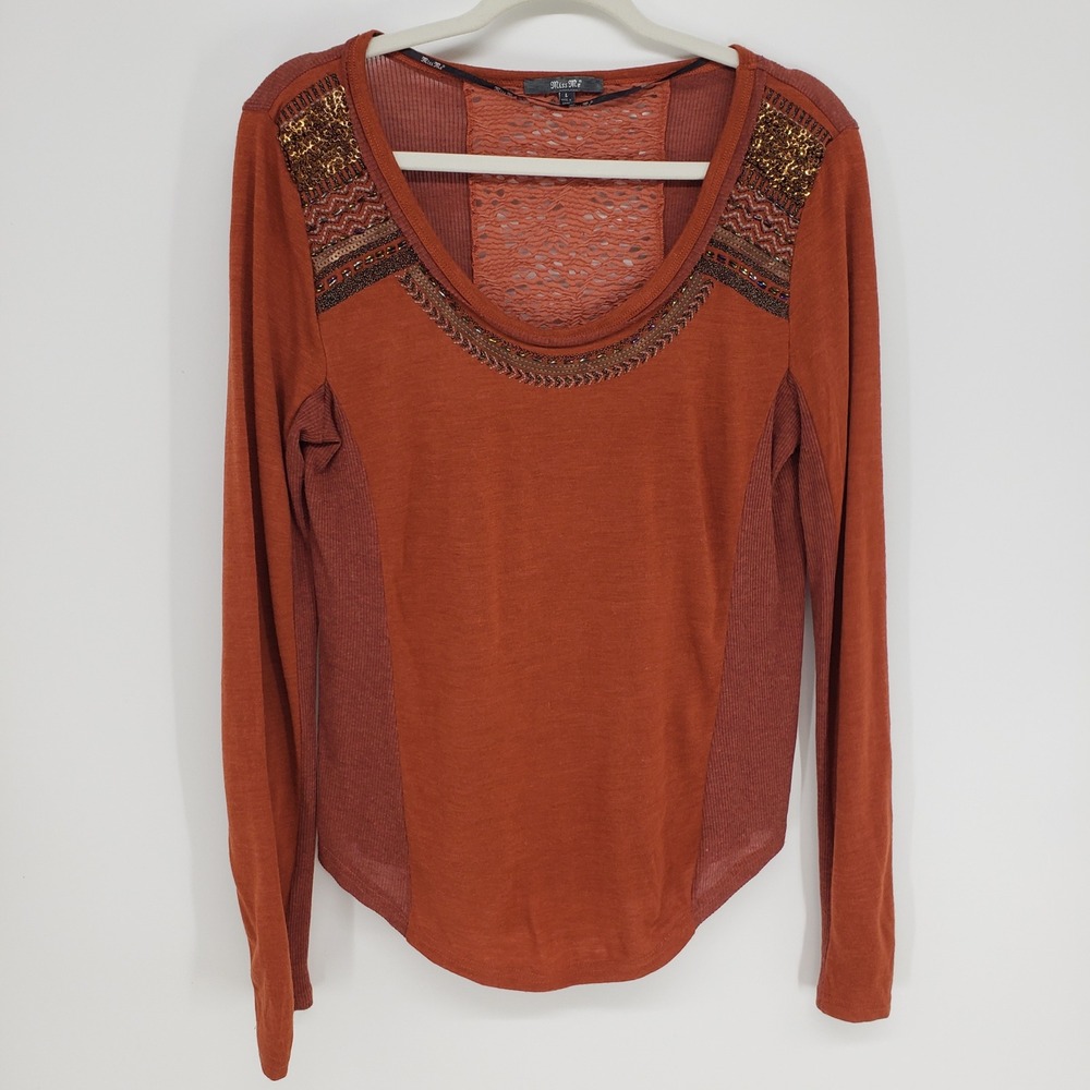 Miss Me Embellished Crochet Top Womens Large Burnt Orange Boho Sequin Beaded